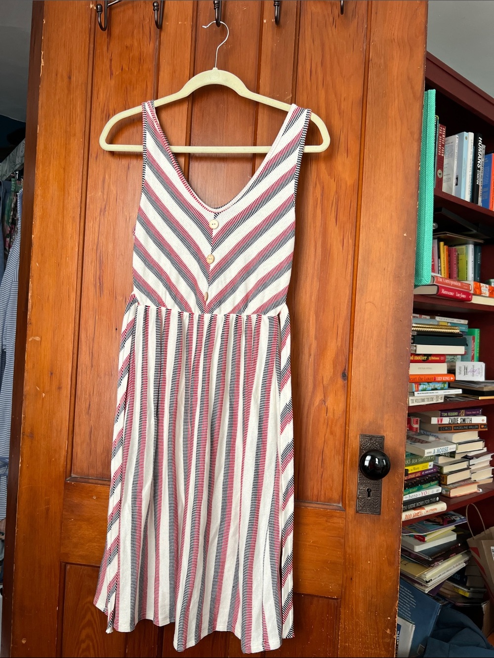 Caution To The Wind Striped V-Neck Midi Dress in Red, Navy & White